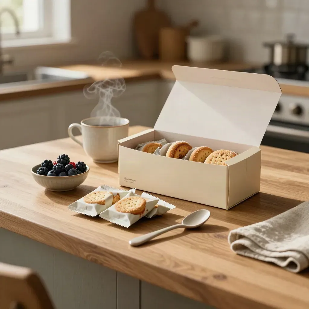 Scatola di biscotti zero zucchero aperta con tazza fumante, frutta e cucchiaio su tavolo da cucina