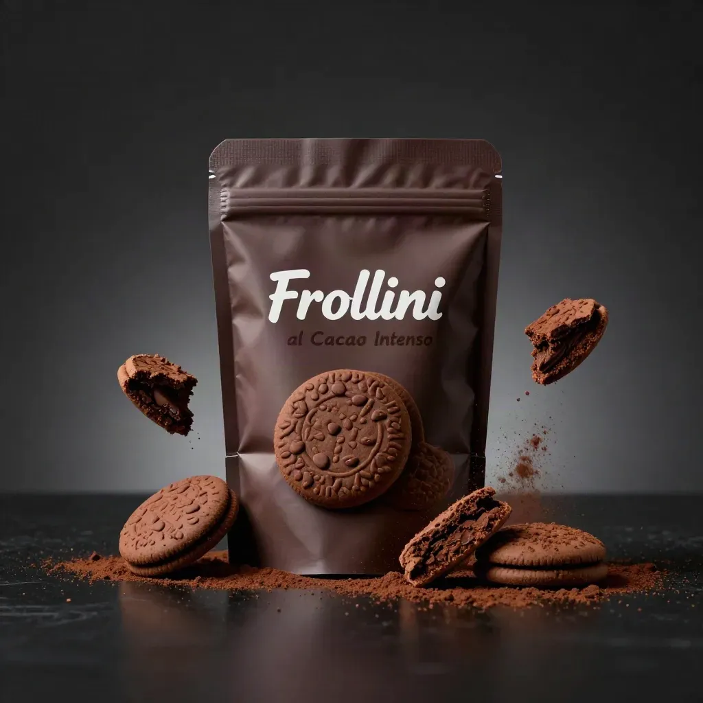 Pacchetto di biscotti al cacao con briciole e polvere sospese su fondo scuro
