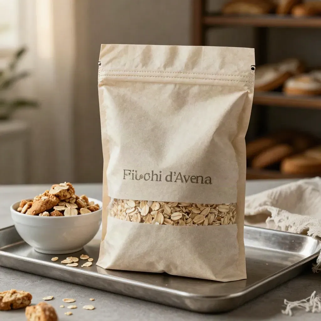 Sacchetto opaco di biscotti all’avena con briciole e lino grezzo su fondo metallico.