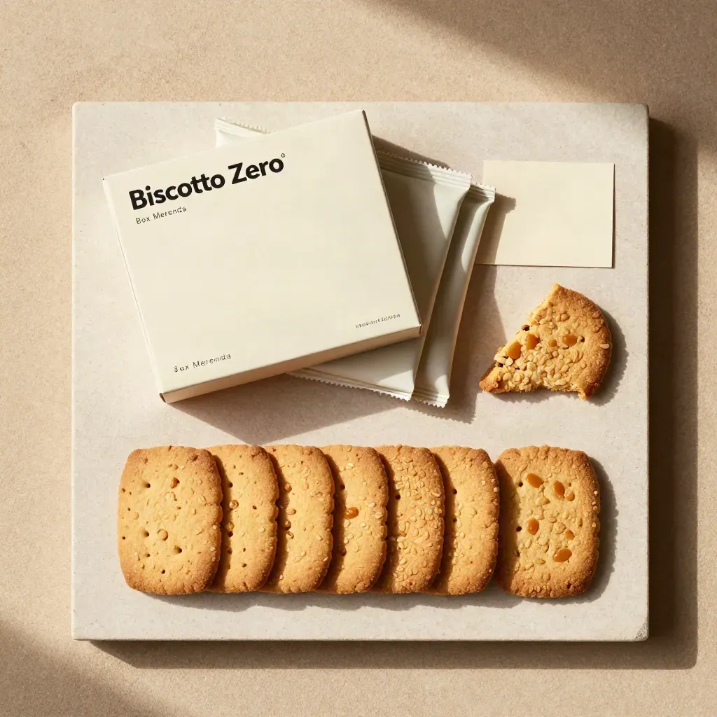 Flat lay dall’alto di una scatola biscotti con sei bustine e biscotti su pietra chiara