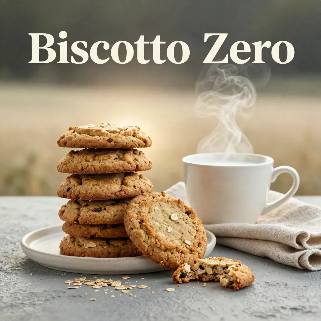 Pila di frollini integrali con avena, latte, ciotola d’avena e canovaccio su ceramica grezza.