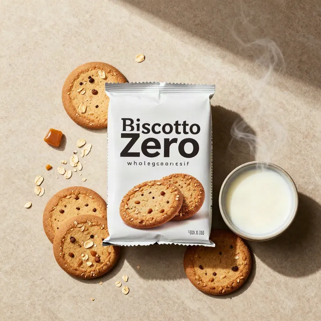 Biscotti integrali, confezione famiglia, avena sparsa e ciotolina di latte su pietra chiara