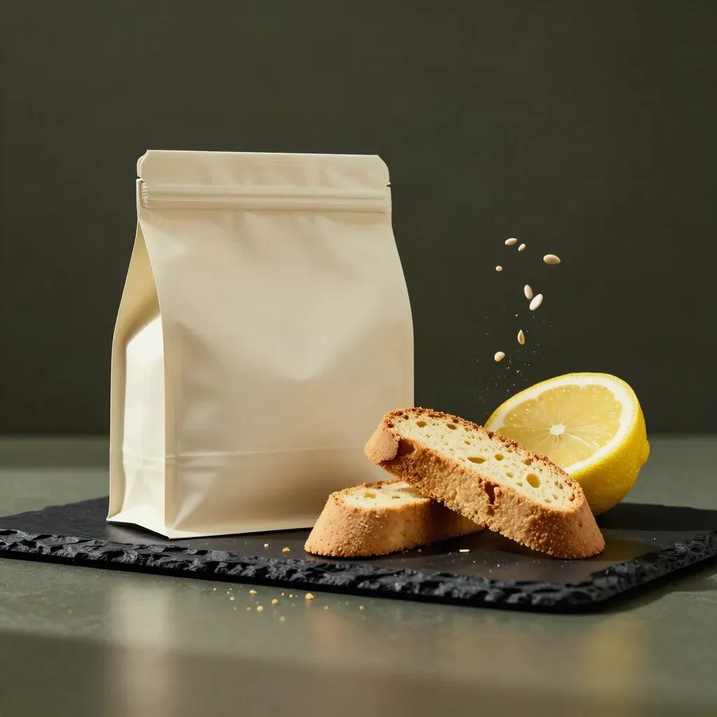 Biscotti al limone e semi con confezione chiara, fettina di limone e semi sospesi su fondo scuro.