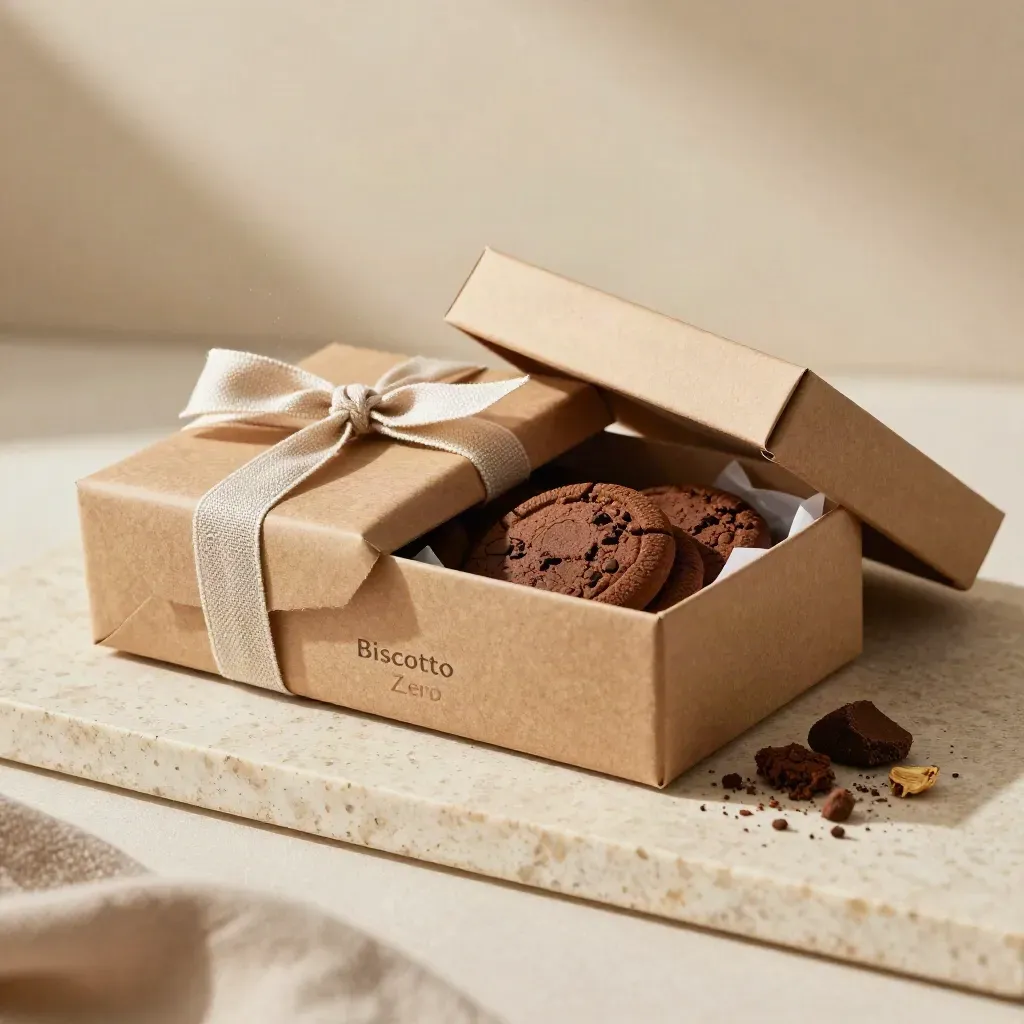 Scatola regalo al cacao avvolta in carta kraft con biscotti e nastro di lino su pietra chiara.