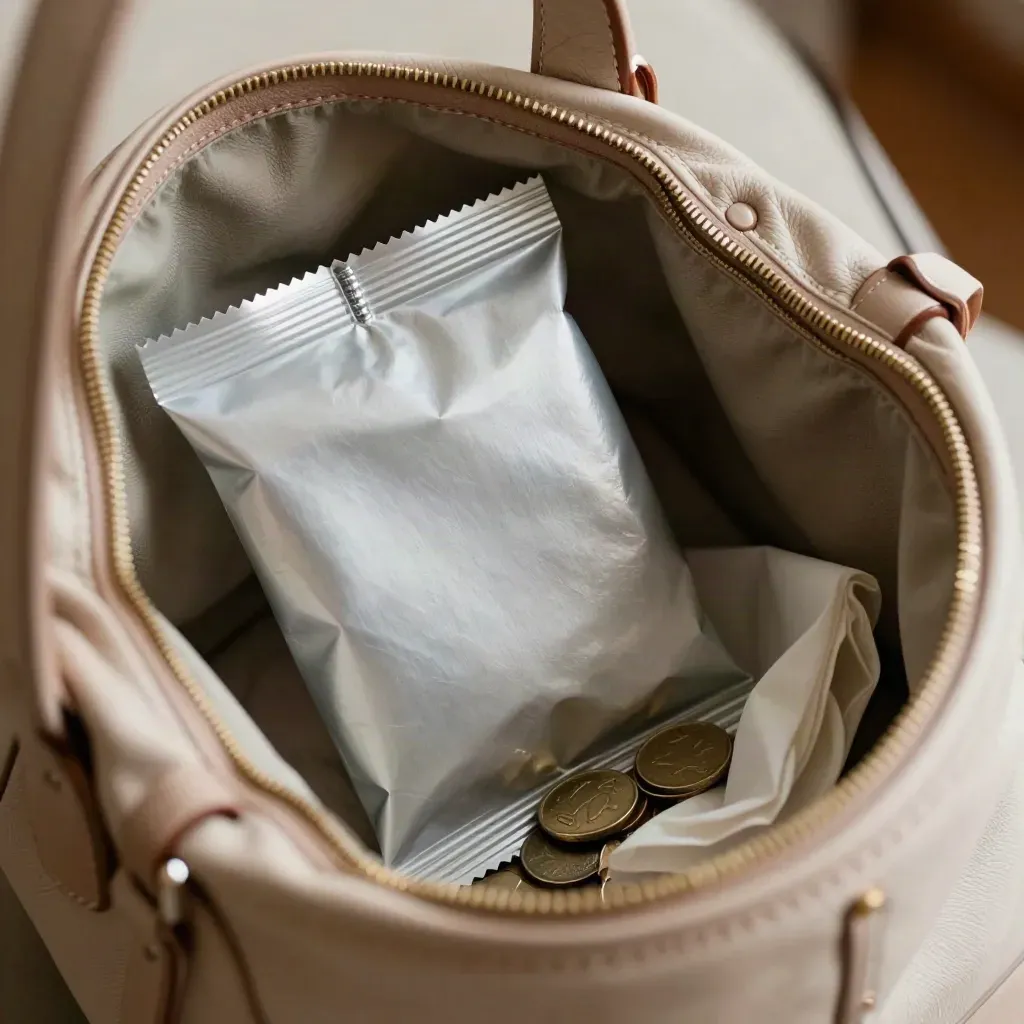 Bustina di mini biscotti nella borsa aperta con monete spente e fazzoletto piegato.