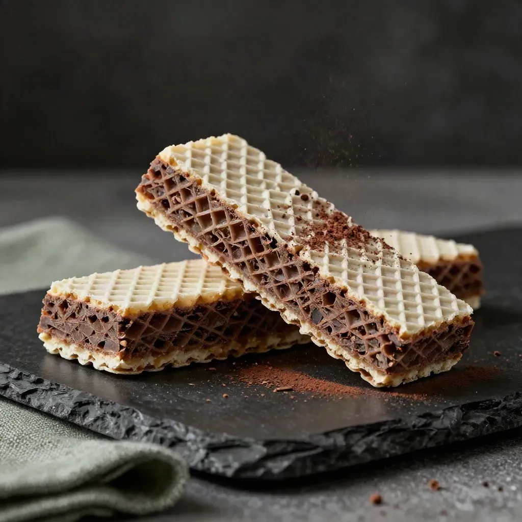 Cialde al cacao spezzate in diagonale con briciole e nibs su superficie scura.