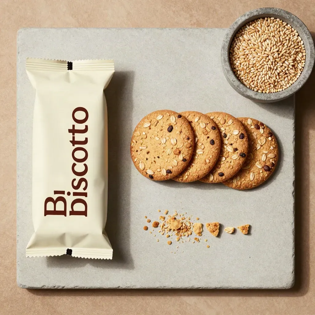 Flat lay dall'alto di biscotti ai cereali, confezione neutra, ciotola bassa e briciole ordinate.