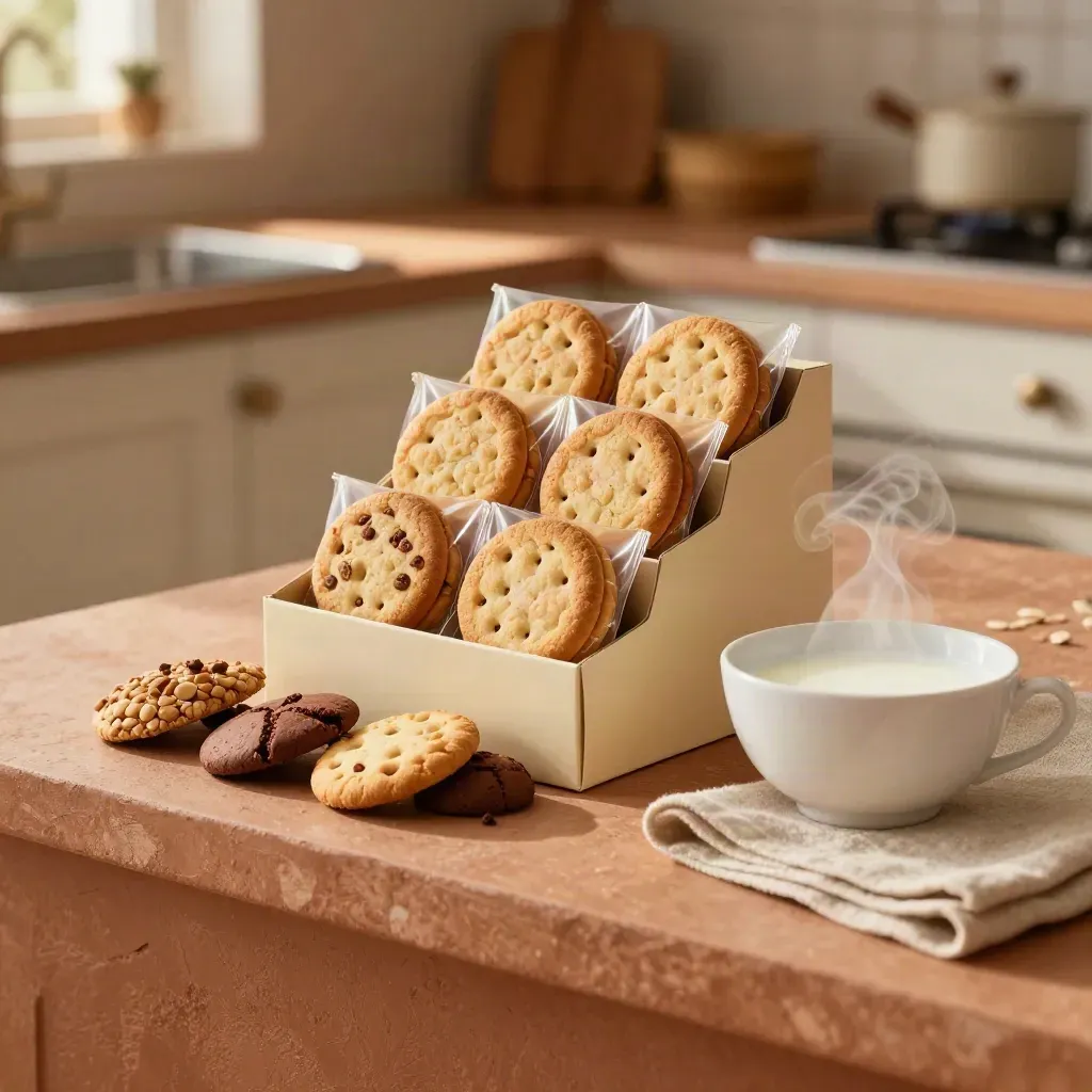 Scatola colazione con cinque confezioni, biscotti assortiti e ciotola di latte su ledge in terracotta.