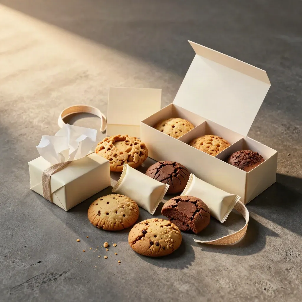 Scatola regalo di biscotti con confezioni unbranded, carta velina e biscotti assortiti su cemento.