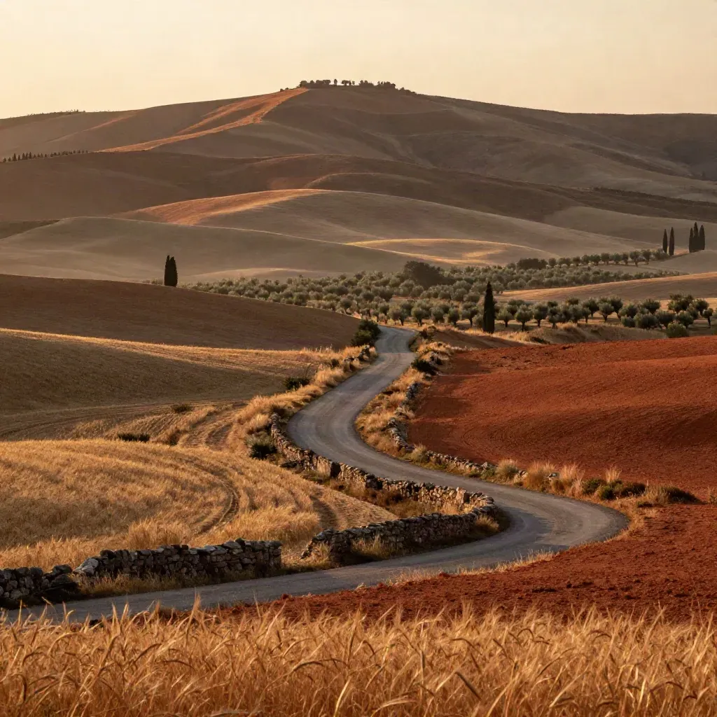 Paesaggio collinare al tramonto con strada di campagna e campi secchi dorati.