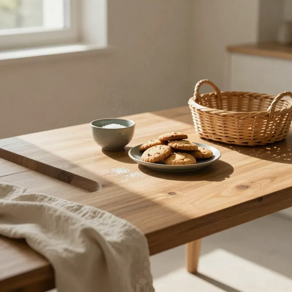 Interno mediterraneo luminoso con biscotti integrali, sale e tavolo in legno chiaro presso una finestra alta.