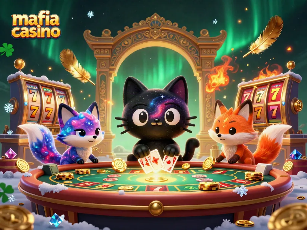 Engage with mafia casino; a galaxy cat pulls in golden chips surrounded by vibrant cosmic elements.